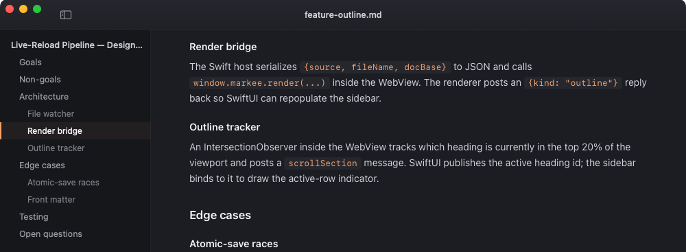 Zoomed view of Markee's outline sidebar with one heading row highlighted in accent orange.